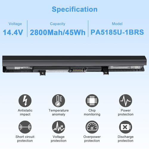 45Wh PA5185U-1BRS Laptop Battery Compatible with Toshiba Satellite C50 C55 C55D C55T S55 L55 L55T L55D C55-B5200 C55-B5270 C55D-B5310 C55-B5300 PA5184U-1BRS PA5195U-1BRS PA5186U-1BRS - color: PA5185U BATTERY
