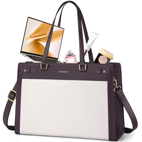 RAINSMORE Laptop Bag for Women 15.6 Inch PU Vegan Leather Work Tote Bag Waterproof Womens Briefcase Designer Computer Bags for Office Teacher College Travel Large Tote Purse Professional Green & Beige - color: Dark Purple & Beige