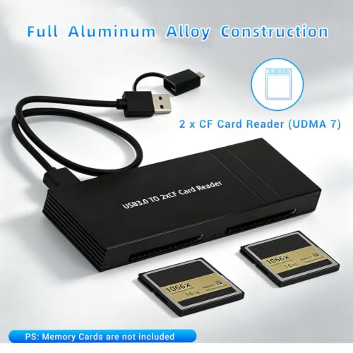 Dual Slots CF Card Reader, USB-C & USB-A Compact Flash Card Adapter with Extended Card Slots, USB 3.0 Data Transfer for Camera Photographers, Aluminum Alloy CF Card Writer for Windows - color: 2CF