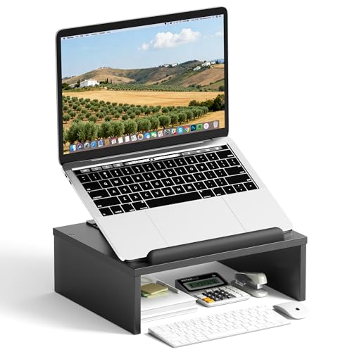 AFOOYO Adjustable Wood Laptop Stand with Storage Space - Notebook Organizer & Ergonomic Computer Riser, Wrist Rest Included, Compatible with 9.8-15'' Laptops (MacBook Air Pro/HP/Dell/Lenovo),Black - color: Black
