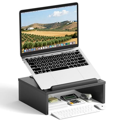 AFOOYO Adjustable Wood Laptop Stand with Storage Space - Notebook Organizer & Ergonomic Computer Riser, Wrist Rest Included, Compatible with 9.8-15'' Laptops (MacBook Air Pro/HP/Dell/Lenovo),Black - color: Black