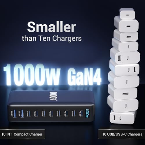 1000W USB C Charging Station, 10 Port GaN Desktop Charger, Multi Device Fast Charging Station with PD USB C Ports, High Power Charging Hub for Laptop, Tablet, iPhone, Office & Home - color: 1000W