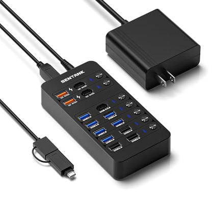 Powered USB Hub, SENTANK 14 Port USB 3.0 Hub Splitter (6 USB 3.0 Data Ports + 4 Fast Charging Ports) with Independent LED On/Off Switch, with 60W Power Adapter for Mac, PC