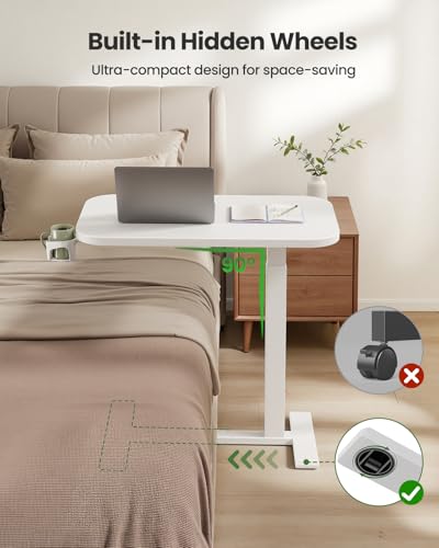 Marsail 32×16″ Overbed Table with Hidden Wheels, Pneumatic Adjustable Bedside Table, Mobile Rolling Table with 360° Hideable Cup Holder, White - color: White, size: 32x16"