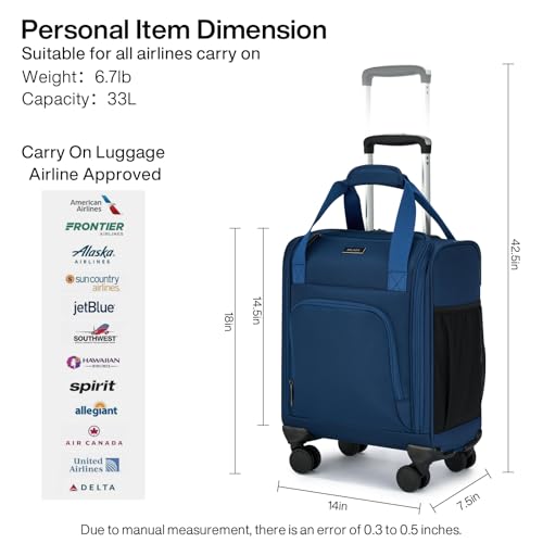 MILADA Underseat Carry On Luggage with Wheels, Airline Approved 16-inch Spinner Small Suitcase, Softside Travel Luggage, Personal Item Overnight Bag, Business Mini Suitcase for Women and Men, Blue - color: Blue