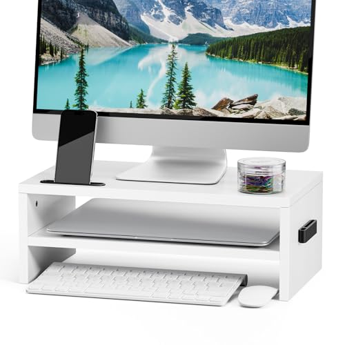 Marbrasse Monitor Stand Riser, 16.5 Inch 2 Tier Computer Printer Shelf Stand for Laptop Computer Screen Storage, Desktop Stand with Phone Holder and Cable Management (White) - color: White