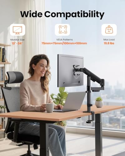 ErGear Single Monitor Arm, Adjustable Desk Gaming Monitor Mount for 13-34″ Screens, Up to 19.8 lbs, Enhanced Stability with Integrated C-Clamp, Upgraded Cable Management, VESA 75x75/100x100mm, Black - size: 17"-34", style: Single Arm