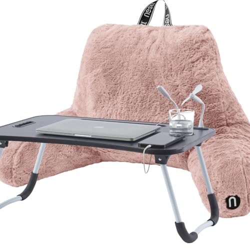 Nestl Fur Reading Pillow with Laptop Lap Desk, Stylish Back Pillow for Sitting Up, Lap Desk with Reading Pillows for Sitting in Bed Adult & Kids, Faux Fur Chair Pillow with Arms - Peach Beige - color: Peach Beige, size: Reading Pillow + Lap Desk