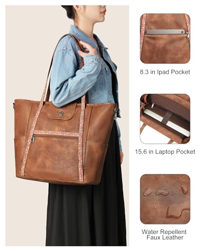 Large Laptop Tote Bag for Women Designer Leather Laptop Bag, 15.6in | Fashion Travel Backpack Purse Shoulder Handbag Fits 15.6 Laptop, Daily, Work, Business Trip, Weekend Travel, Teacher - color: Beige Contrast Brown