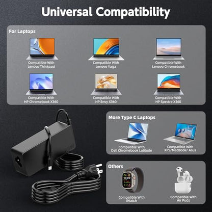 65W USB C Charger Compatible with Lenovo Laptop- Thinkpad T480s T580s T490 E480 E580, Chromebook 100e 300e 500e c340 s330, Yoga C930 C940 C740 S730 730S ADLX65YCC3D ADLX65YDC2A Power Supply Cord - size: 65Large