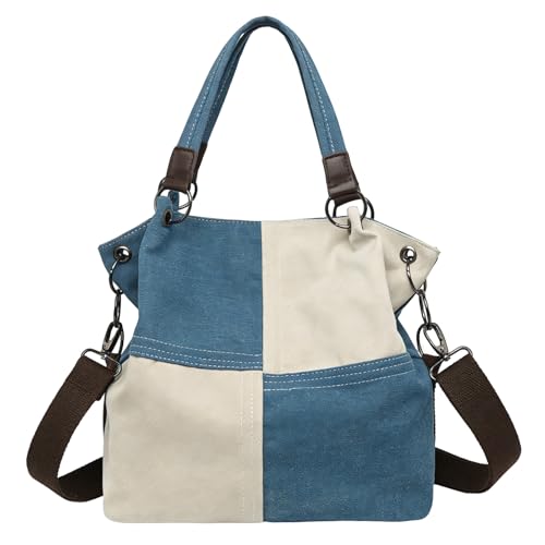 Women's Canvas Color Block Tote Bag Convertible Crossbody Hobo Handbag Lightweight Shoulder Bag for Daily Travel Work - color: Blue