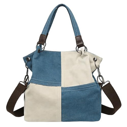 Women's Canvas Color Block Tote Bag Convertible Crossbody Hobo Handbag Lightweight Shoulder Bag for Daily Travel Work - color: Blue