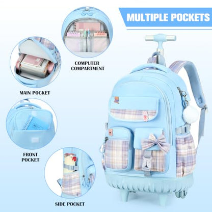 ACESAK Rolling Backpack for Girls - Roller Wheels School bag with Lunch Bag & Pencil Pouch for Teen Girls Kids Wheeled Suitcase Backpacks, Elementary Middle School Travel Daypack (Blue) - color: Blue