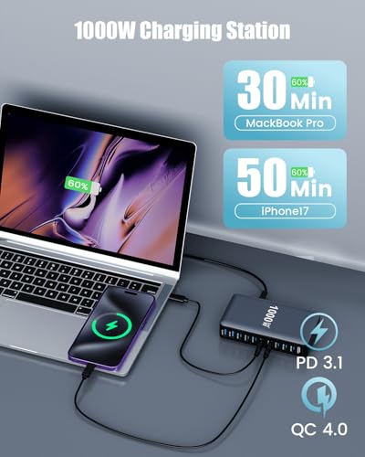 USB C Charger 1000W USB C Charger Block,Upgraded GaN IV 10-Port Charging Station Hub,Travel Essentials 140W Fast Charging Laptop Adapter for MacBook Pro/Air,DELL,Steam Deck,iPhone 17/16,Galaxy S25/24 - color: Black