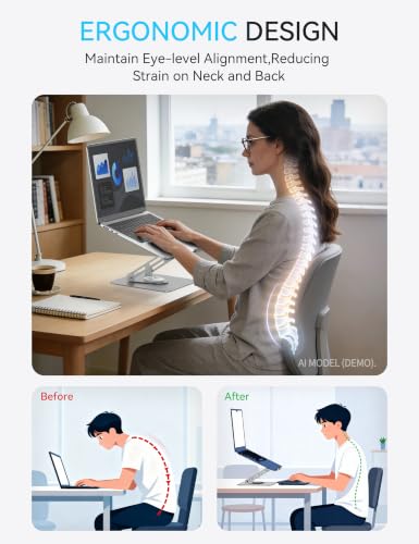 SOUNDANCE 360 Rotating Laptop Stand, Ergonomic Computer Riser for Desk, Adjustable Height Multi-Angle Metal Holder, Foldable Portable Notebook Elevating Base for Office & Home, Silver Grey - color: Silver Grey