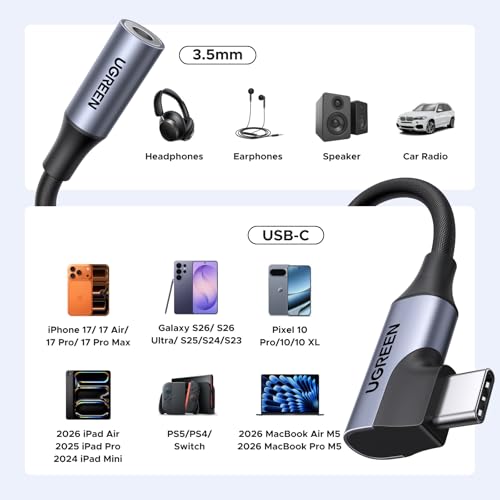 UGREEN Right Angle USB C to 3.5mm Audio Adapter Type C Aux Headphone Jack | 24bit 96kHz HiFi DAC, Braided Cable, Supports Mic In-line Control, Compatible with iPhone 17 16 Pro Max Galaxy S26 Pixel 10