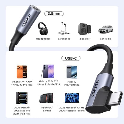 UGREEN Right Angle USB C to 3.5mm Audio Adapter Type C Aux Headphone Jack | 24bit 96kHz HiFi DAC, Braided Cable, Supports Mic In-line Control, Compatible with iPhone 17 16 Pro Max Galaxy S26 Pixel 10