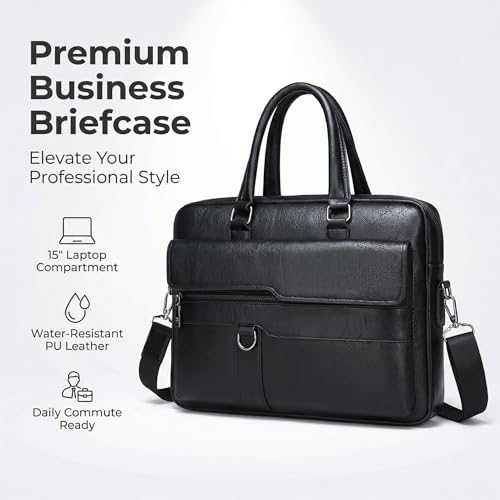 Men's Leather Laptop Bag 15 IN, Water-Resistant Briefcase Messenger Bag for Work, Business, Shoulder Crossbody Office Satchel - color: Deep Black