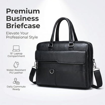 Men's Leather Laptop Bag 15 IN, Water-Resistant Briefcase Messenger Bag for Work, Business, Shoulder Crossbody Office Satchel - color: Deep Black