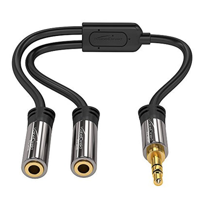 KabelDirekt – Y Adapter & Jack & AUX Splitter – 3.5mm | 1×3.5mm male to 2× female, connect two sets of headphones to a smartphone/tablet/notebook, stereo, 4in, black