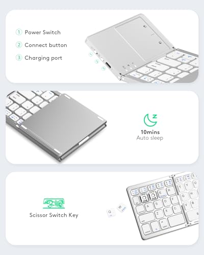 Samsers Foldable Bluetooth Keyboard with Touchpad, Slim Compact, Silver | Multi-touch Trackpad, Full Size, Phone Holder, USB-C Charging, 1 Device, for Android Windows iOS Mac OS, Mobile Productivity - color: Frost Silver, size: 1-Device