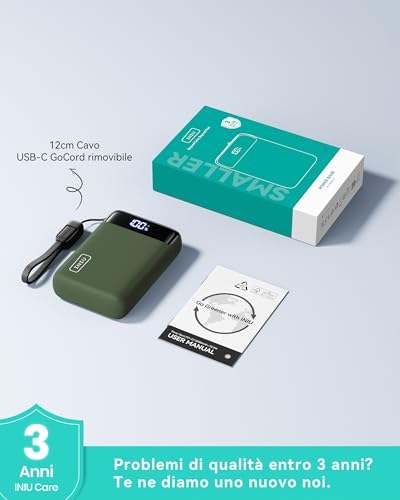INIU Smallest 20000mAh Power Bank, 22.5W PD Fast Charging Portable Charger with USB-C Cable, Flight-Safe Battery Pack for Travel & Outdoor Camping & Emergency for iPhone Samsung iPad, Mini Size, Green | USB-C Cable, Flight-Safe, Travel Essentials, Flashli