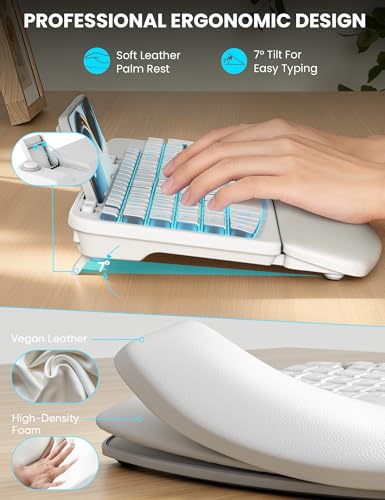 SABLUTE Wireless Keyboard and Mouse Combo - Ergonomic Wave Keyboard with Soft Leather Wrist Rest, Phone Holder, Rechargeable, RGB Backlit Mouse, Full-Size Set for Windows/Mac/Computer (White) - color: White