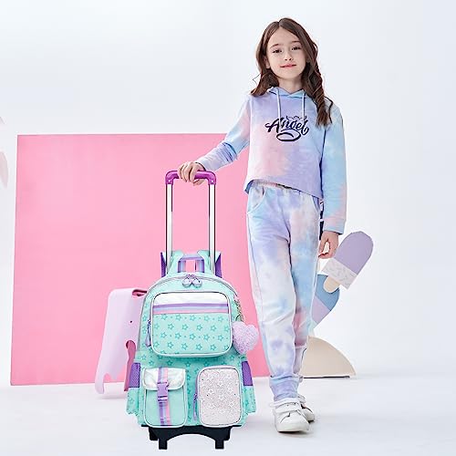 Meetbelify Rolling Backpack with Wheels - Cute Carry On Backpack with Lunch Box Pencil Case for Elementary Student to Teen Girls - 8-10 Years - color: Star Green