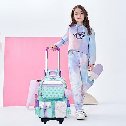 Meetbelify Rolling Backpack with Wheels - Cute Carry On Backpack with Lunch Box Pencil Case for Elementary Student to Teen Girls - 8-10 Years - color: Star Green
