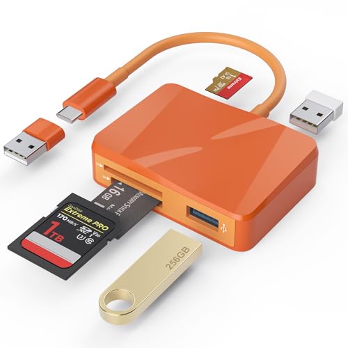 SD Card Reader, 5 in 1 USB-C & USB Card Adapter with SD/MicroSD/MS and Dual USB-A Ports Memory Card Reader for iPhone 17/16/15 Pro Max iPad MacBook Pro/Air M4/M3 Android Phone/Tablet PC (Orange) - color: Orange