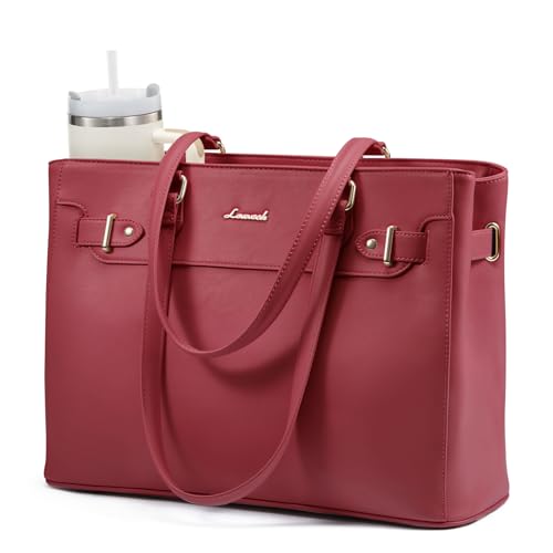 LOVEVOOK Laptop Tote Bag for Women Work, Teacher Tote Bag with Large Cup Holder, Waterproof Leather Computer Bag - color: Red, size: 15.6 inch