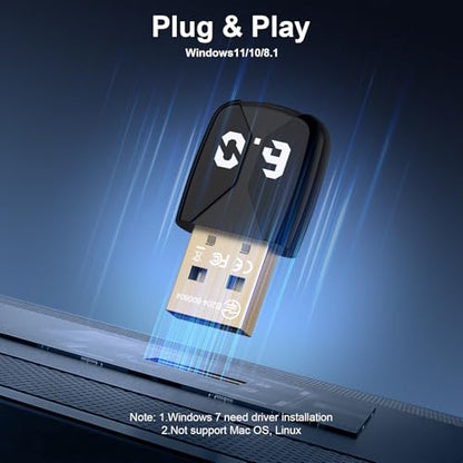 USB Bluetooth Adapter for PC, Bluetooth 6.0 Dongle Receiver EDR & BLE, Plug & Play for Windows 11/10/8.1, for Headphone/Keyboard/Mouse/Speakers/Printer