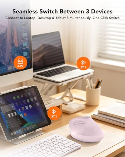 KYSONA Ergonomic Mouse Wireless, Bluetooth Vertical Mouse, 5-Level Adjustable DPI, 2.4G Silent Switch Mice for Windows, MacOS, IPadOS, Laptop, PC, Pink - color: Pink