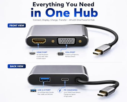 4-in-1 USB C to HDMI VGA Adapter Hub with 4K HDMI, 1080P VGA, USB 3.0 Port & OTG Adapter for MacBook Pro/Air, iPad Pro, Dell, Lenovo, Samsung Galaxy & USB-C Devices