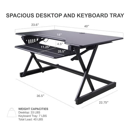 Rocelco 40" Height Adjustable Standing Desk Converter with AC Outlet USB Charger and Dual Monitor Arm Mount - Sit Stand Up Tabletop Riser - Sliding Keyboard Tray - Black (R DADRB-40-ACUSB-MA2) - color: Black Acusb, size: 40", style: Riser+Premium Dual Mou