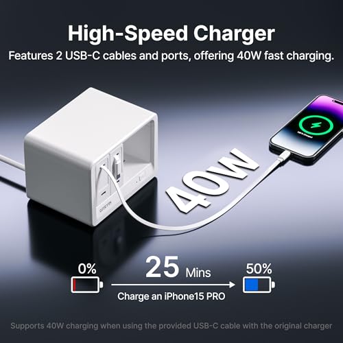 10-in-1 Desktop Charging Station with 2 Retractable Wall Chargers, 40W USB-C Power Strip with 6 AC, 2 USB C, 2 Type-C 33.5in Cables, Extension Cord with 1020J Surge Protection for Home Office - size: With 2 Type-C Chargers
