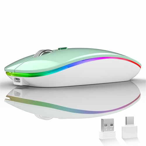 Uiosmuph LED Wireless Mouse, G12 Slim Rechargeable Silent Mouse Mint Green | 2.4GHz Optical, USB C Charging, Quiet Click, LED, Portable, 1600DPI, USB Receiver, Type C Adapter, Cordless, for Laptop/Mac - color: Mint Green