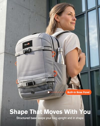 Tolaccea 30L Travel Laptop Backpack TSA Carry-On for Business Trips Commute | 100% RPET Recycled Fabric | EVA-cushioned Laptop Protection | TSA 180° Lay-flat Opening | Reinforced Stability Base Panel - color: Light Gray
