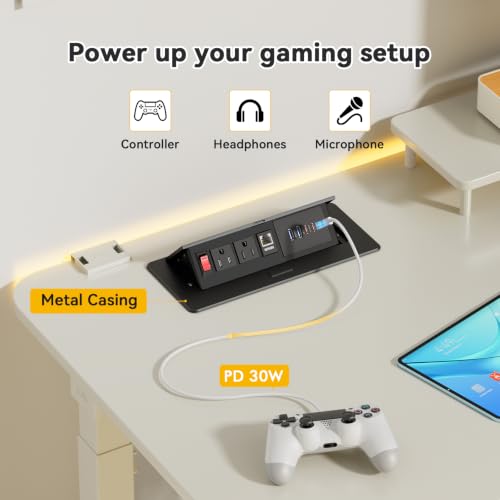 Kungfuking Conference Table Power Outlets with 2 USB C PD 30W, CAT6 Port | Recessed Table Power Outlets with Switch, CAT6 Cable, 2 USB-C & 2 USB-A Ports, Metal Housing, Pop-Up Design - color: 1PCS 6FT Black