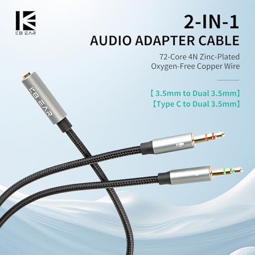 H HIFIHEAR KBEAR KA01 Headphone Splitter for Computer | 3.5mm Female to 2 Dual 3.5mm Male,Braided Audio Adapter Cable,Microphone Stereo Jack Earphones Port,for Gaming Headset - size: 3.5MM-1Pack