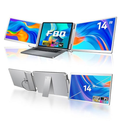 14" Laptop Screen Extender, FHD IPS Triple Screen Monitor Extender | FHD 1200P IPS Tri Screen for Laptops 12-16.5", USB-C/HDMI, Plug & Play, Dual Extra Screen Computer Monitors for Windows/Mac - size: 14 inches