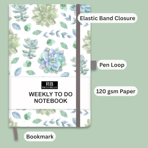 RICCO BELLO Undated Weekly Planner To Do Notebook, 5.7 x 8.4 Inches | Hardcover, Succulents Design, Pen Holder & Bookmark, Band Closure & Storage Pocket, For Work, School, Home - color: Succulents