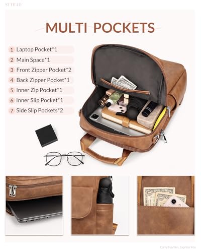 Leather Laptop Backpack 15.6 inch Womens Computer Bag Brown | 3-in-1 laptop purse: Dedicated 15.6" Compartment, 7-Pocket Organizer, Colorful Shoulder Strap, Work & Travel Ready - color: Brown