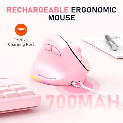 MEETION Left-Handed Wireless Ergonomic Vertical Mouse, Rechargeable - Pink | Dual Bluetooth 5.2/3.0 + USB, RGB lighting, 4 adjustable DPI, compatible with Windows, Mac, PC, iPad and tablets - color: Left Pink