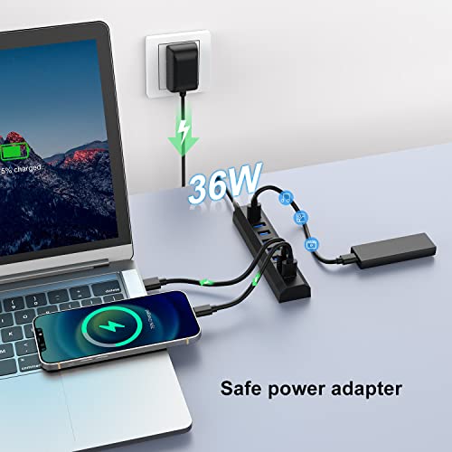 RAOYI Powered USB 3.0 Hub, 8 Ports High Speed USB 3.0 Hub Splitter with 36W Power Adapter, 3.3ft Cable and Smart Fast Charger USB Hub for Laptop, PC, Mobile HDD, Mulitple Devices (Black) - size: Black, style: 8-Port 36W Trapezoid