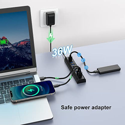 RAOYI Powered USB 3.0 Hub, 8 Ports High Speed USB 3.0 Hub Splitter with 36W Power Adapter, 3.3ft Cable and Smart Fast Charger USB Hub for Laptop, PC, Mobile HDD, Mulitple Devices (Black) - size: Black, style: 8-Port 36W Trapezoid