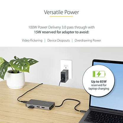 StarTech 8-in-1 USB-C Mini Dock, Dual 4K 60Hz HDMI, 5Gbps, GbE, SD, 100W | Dual HDMI via MST, DisplayPort 1.4 with DSC, HDR10, Ultrawide 21:9, 12in/30cm cable, Automatic driver setup, Ubuntu - style: Dual monitor