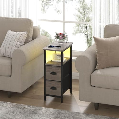 sthmec Narrow End Table with Charging Station, Narrow Side Table with 2 Fabric Drawers, LED End Table, Slim Nightstand with LED Light, Small Side Table for Small Spaces, Living Room, Bedroom, Grey - color: Grey, size: 7.87'' W x 15.75'' D x 24.37'' H, sty