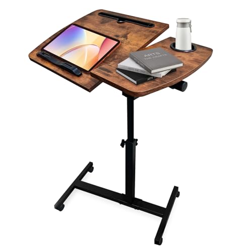 Overbed Table with Wheels Adjustable Height, Tiltable Desktop with Tray, Over Bed Table Rolling Bedside Tables, Medical Mobile Standing Desk, for Hospital Office Bedroom Sofa, Brown - color: Brown