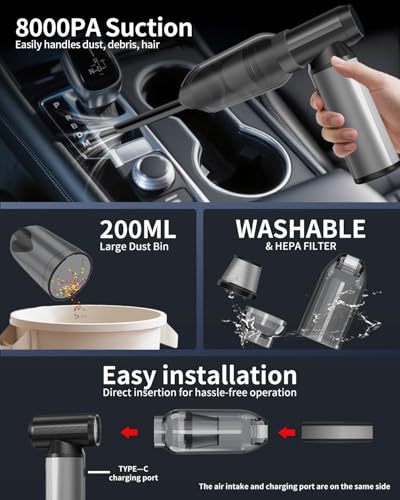 Compressed Air Duster, 2-in-1 Air Duster & Vacuum with 320000RPM Brushless Motor, Electric Air Duster Rechargeable, 3-Gear Adjustable Air Blower for Keyboard, Computer, Car, Home, Outdoor Cleaning